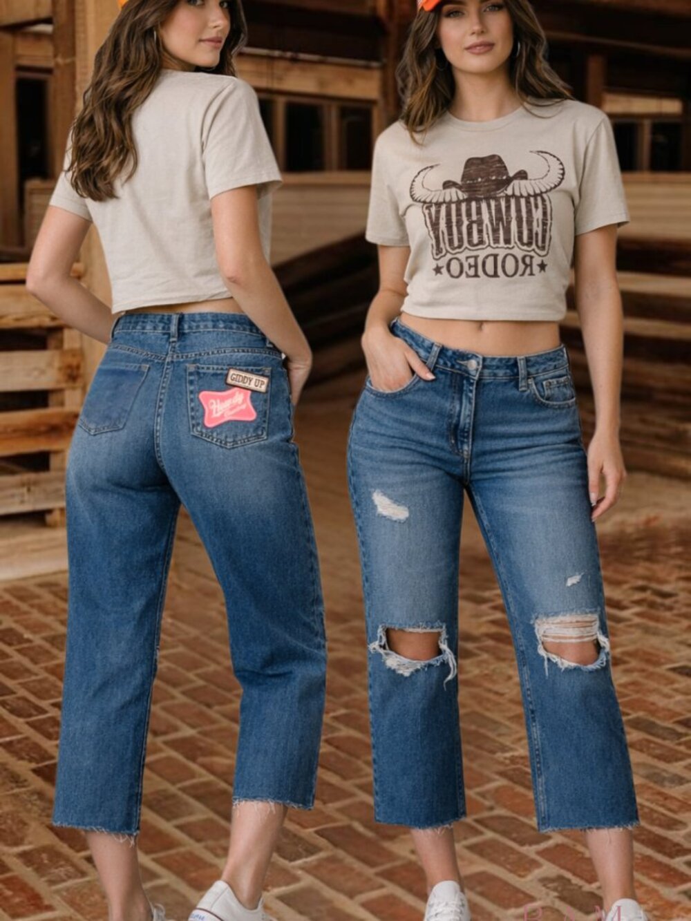 Weekend Academy Custom Patch Capri Jeans – Adjustable Waist Western Distressed R